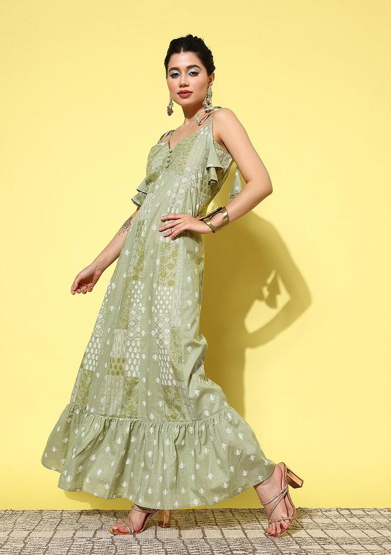 Green Printed Cotton Anarkali Kurta