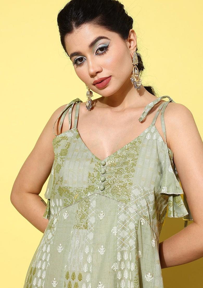 Green Printed Cotton Anarkali Kurta