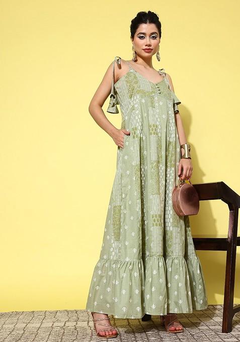 Green Printed Cotton Anarkali Kurta