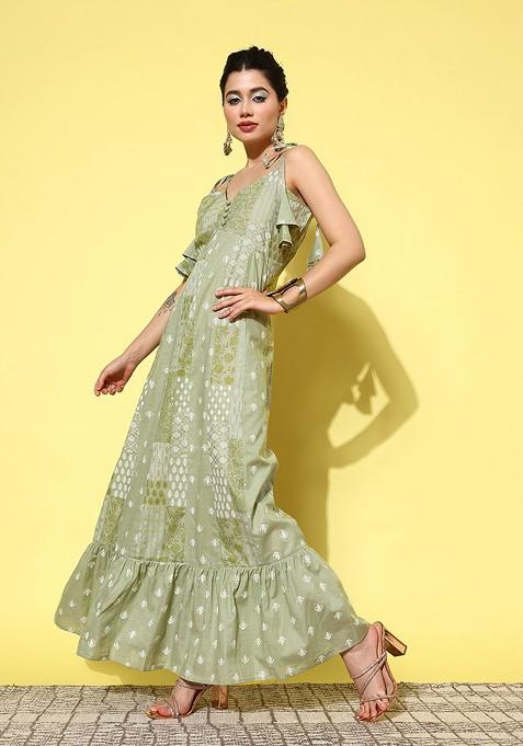 Green Printed Cotton Anarkali Kurta