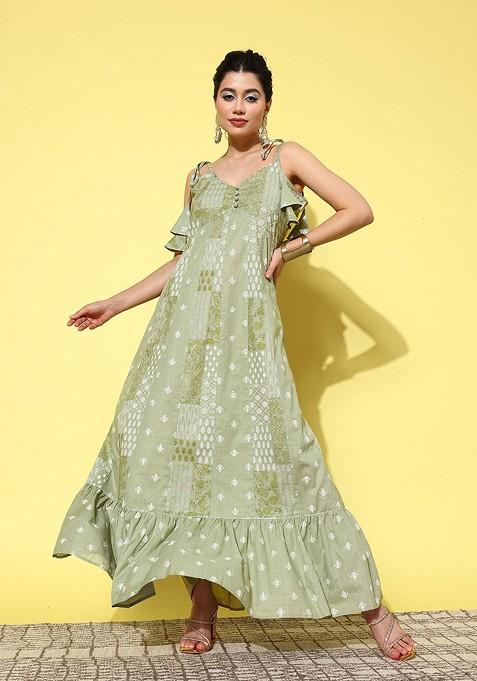 Green Printed Cotton Anarkali Kurta