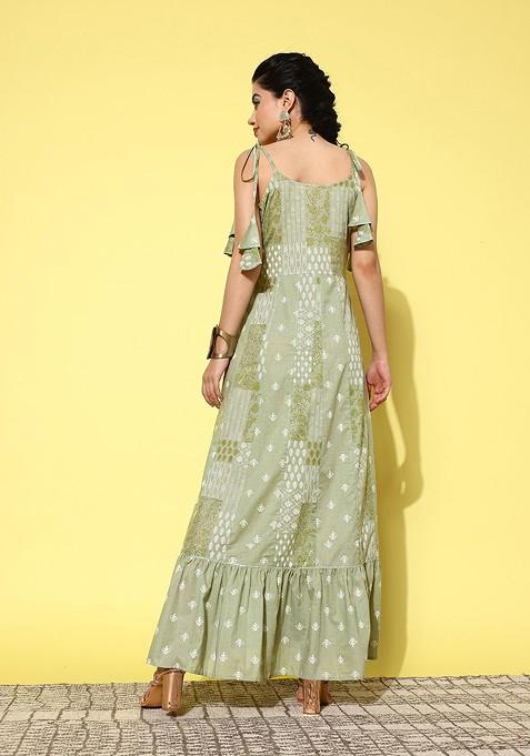 Green Printed Cotton Anarkali Kurta