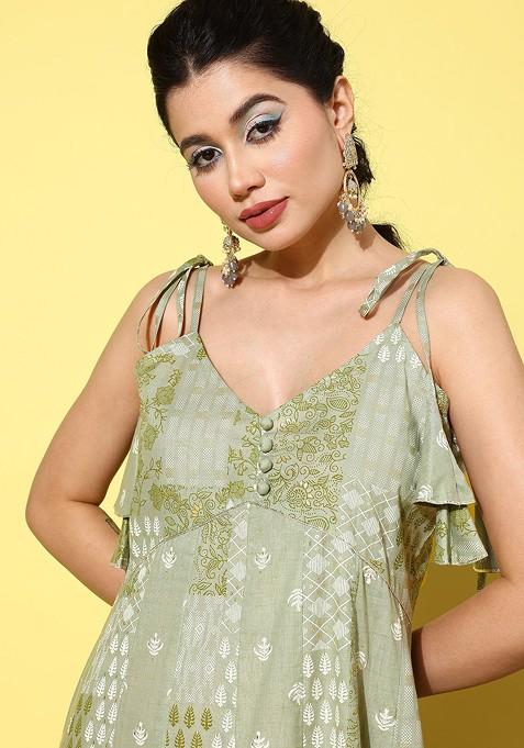 Green Printed Cotton Anarkali Kurta