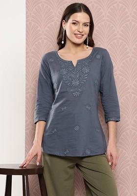 Grey Embroidered Cotton Top