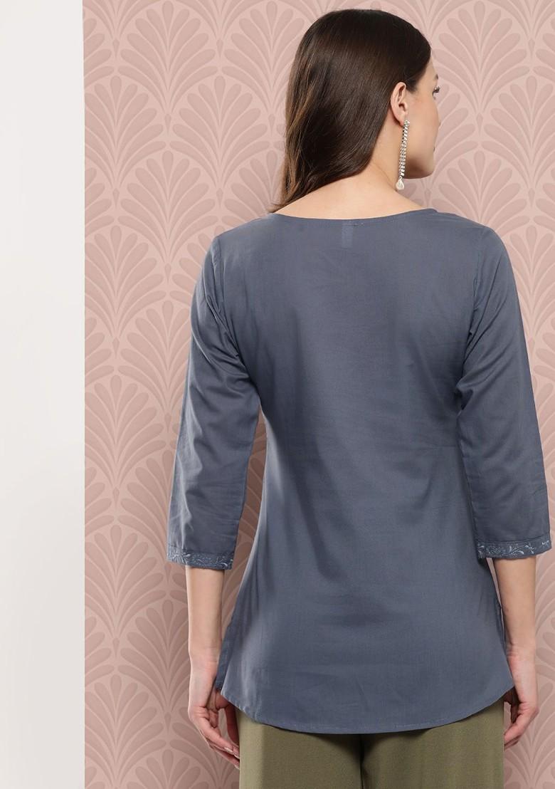Grey Embroidered Cotton Top