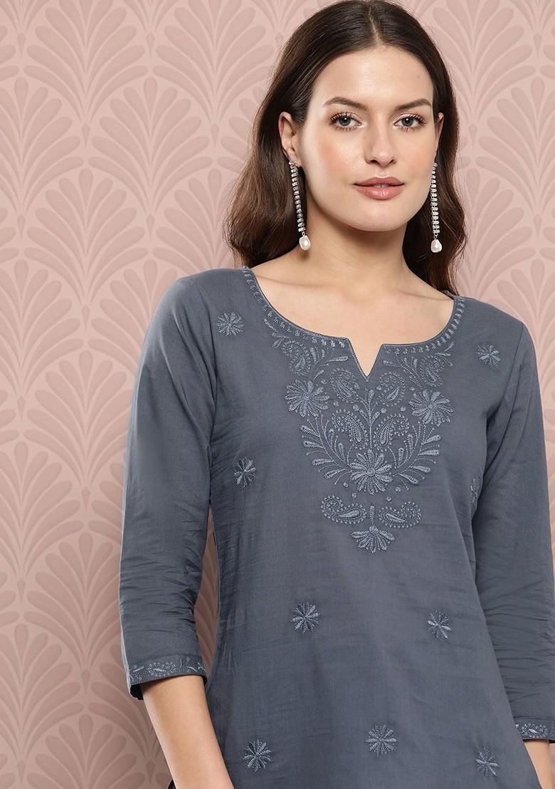 Grey Embroidered Cotton Top