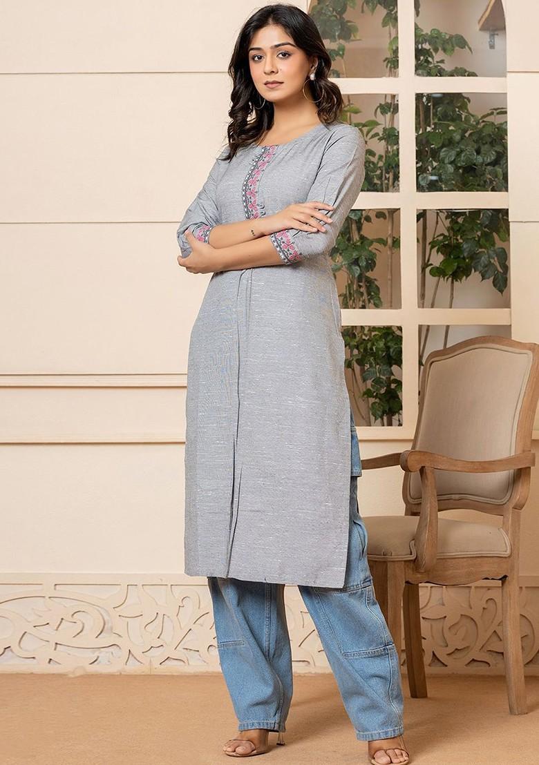 Grey Embroidered Linen Kurta