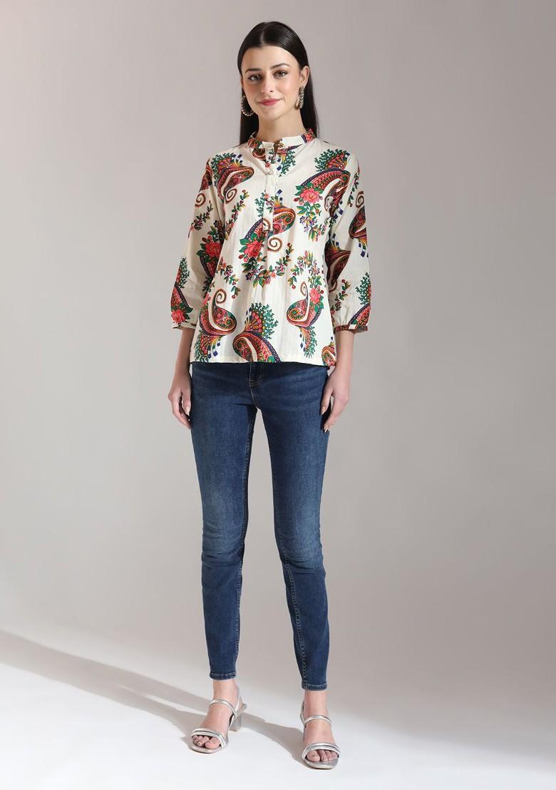 Cream Printed Cotton Top
