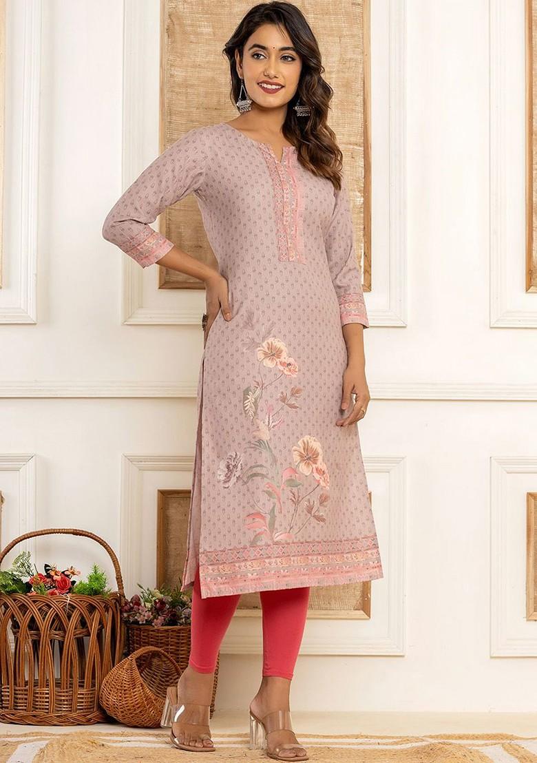 Peach Floral Print Cotton Kurta