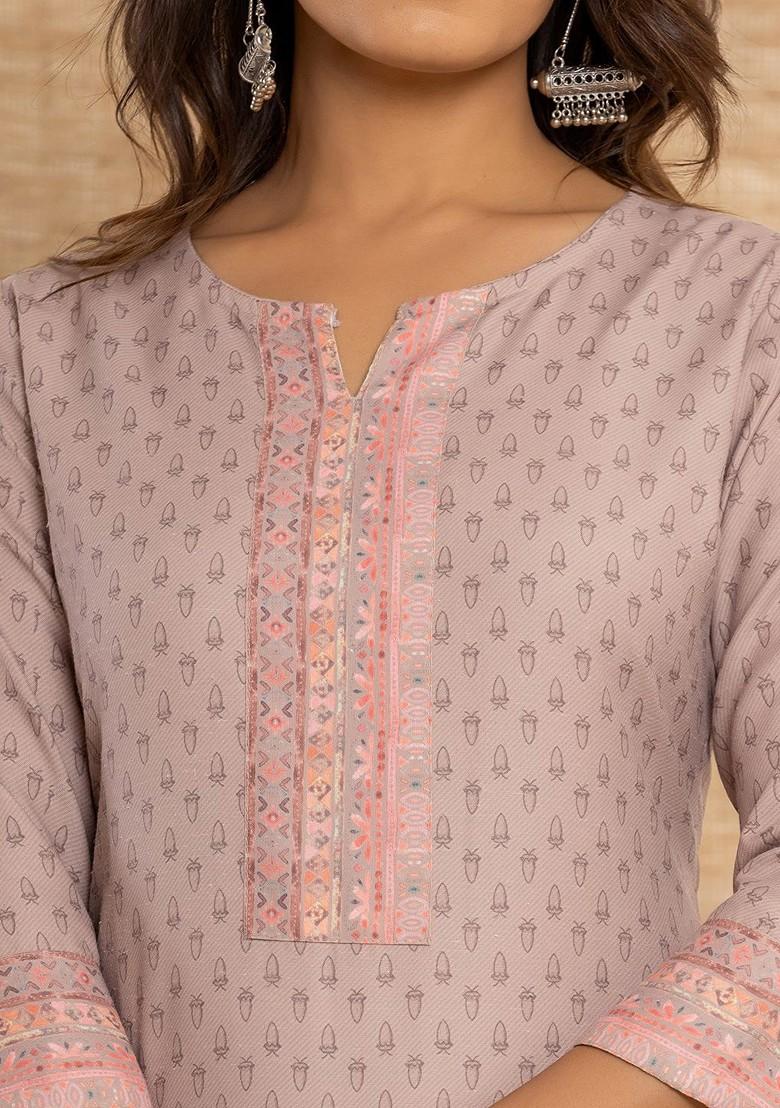 Peach Floral Print Cotton Kurta
