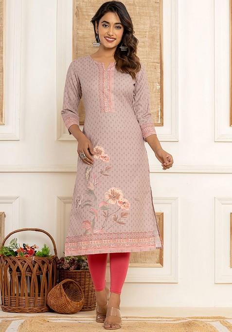 Peach Floral Print Cotton Kurta
