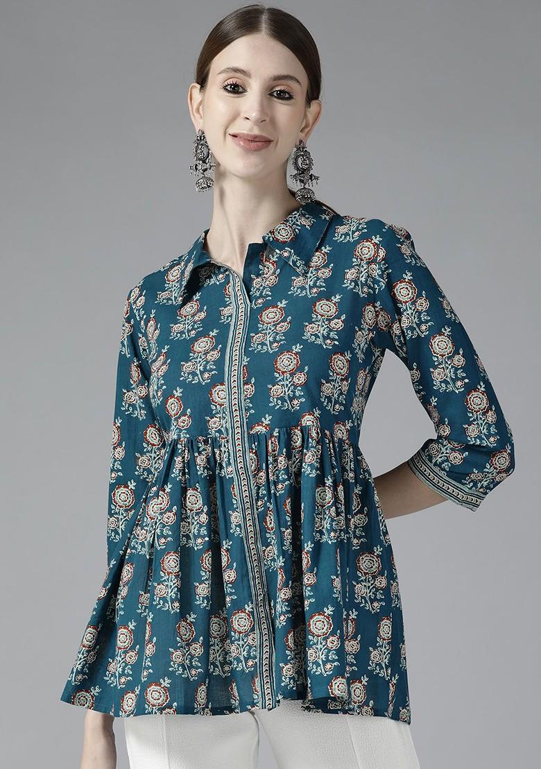 Blue Floral Print Cotton Kurta - Indya