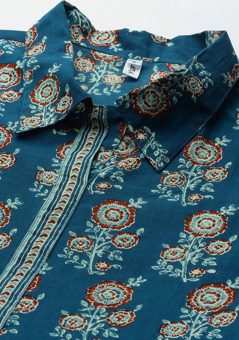 Blue Floral Print Cotton Kurta - Indya