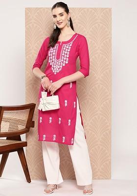 Pink Embroidered Cotton Kurta