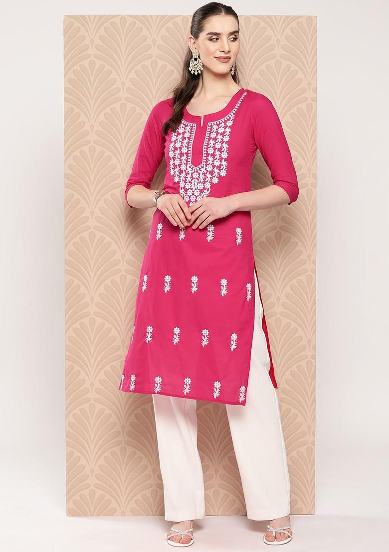 Pink Embroidered Cotton Kurta