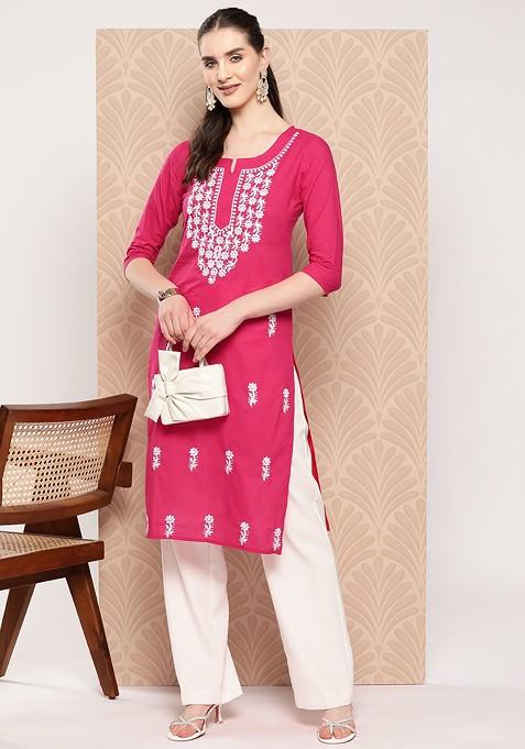 Pink Embroidered Cotton Kurta