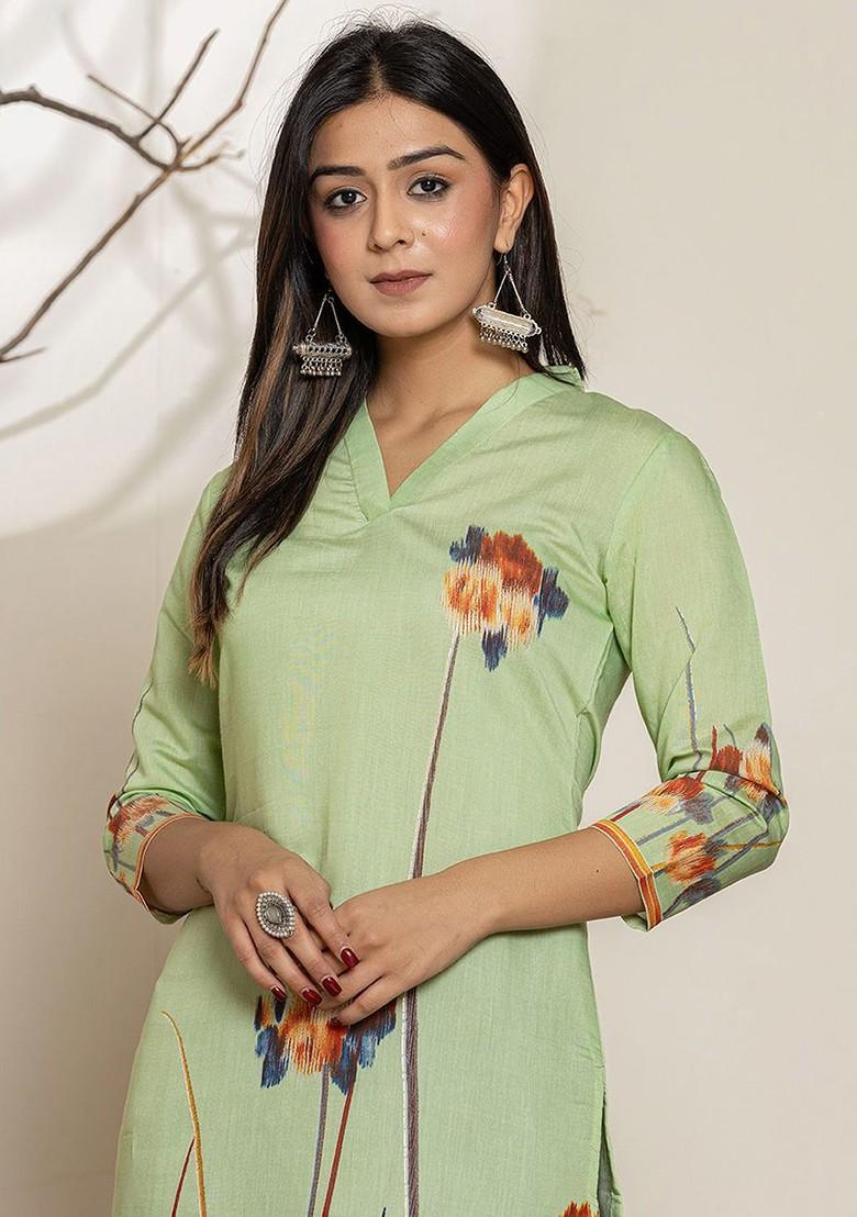 Green Printed Poly Blend Kurta