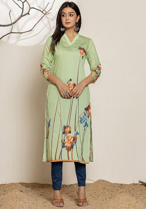 Green Printed Poly Blend Kurta