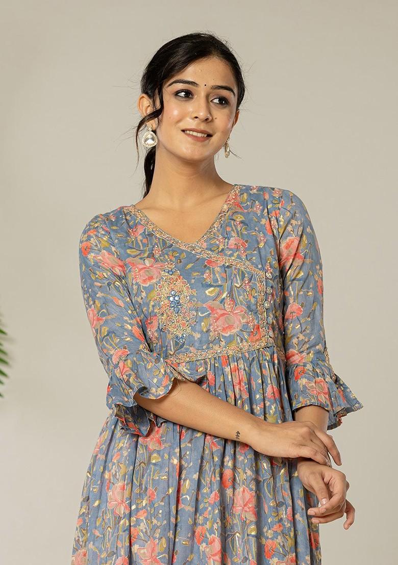 Blue Printed Poly Blend Anarkali Kurta
