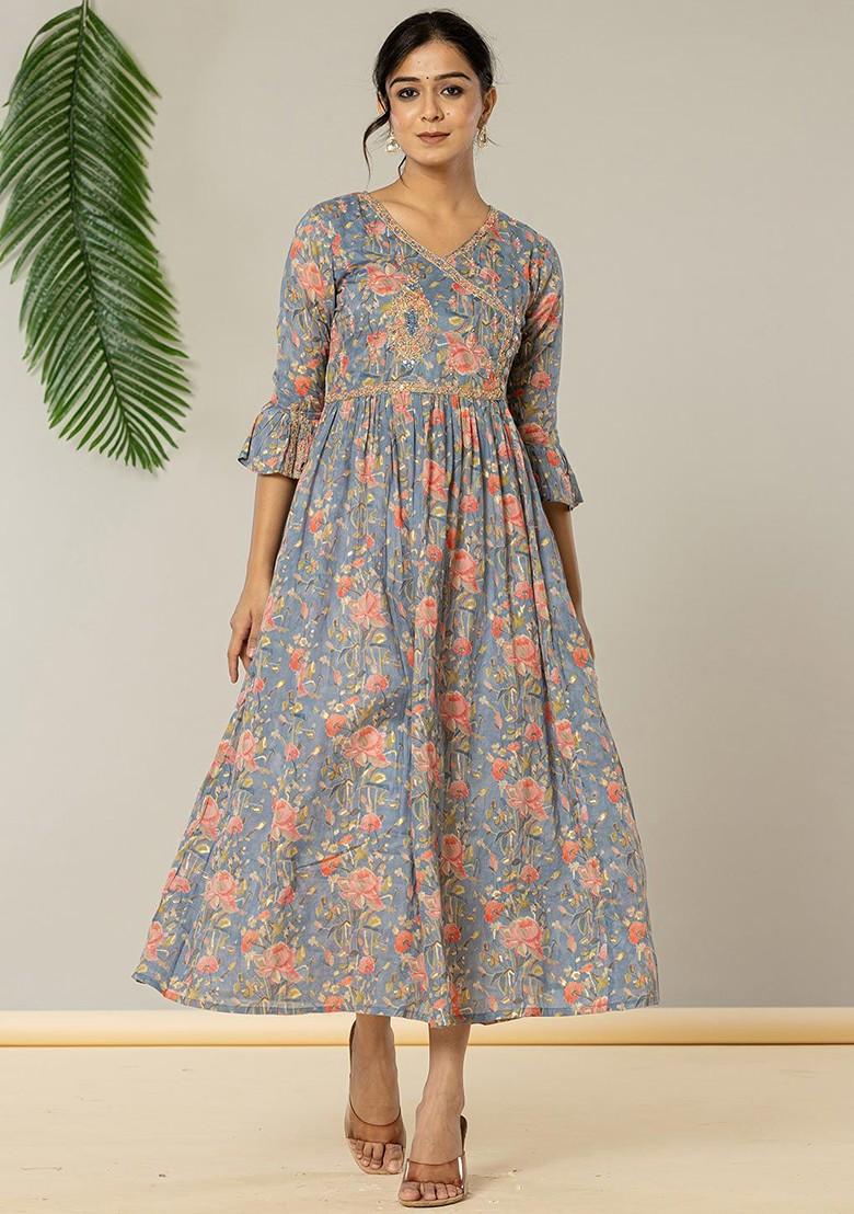 Blue Printed Poly Blend Anarkali Kurta