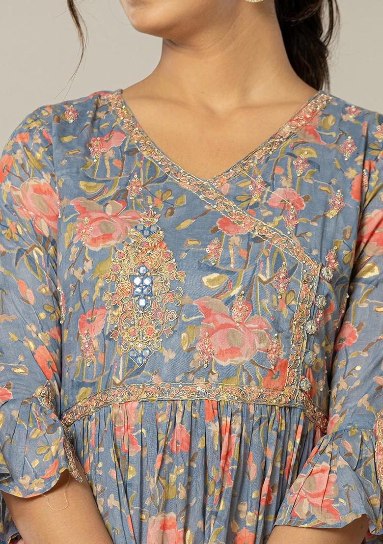 Blue Printed Poly Blend Anarkali Kurta