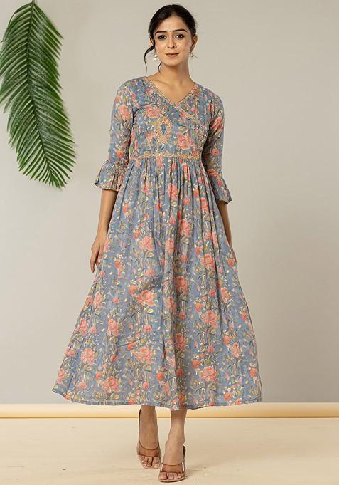 Blue Printed Poly Blend Anarkali Kurta