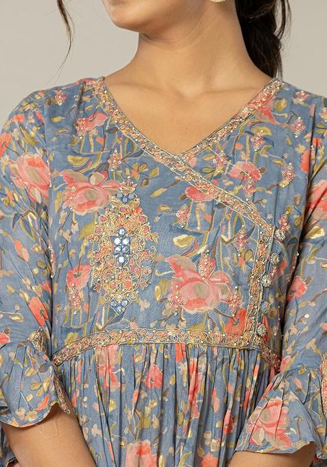 Blue Printed Poly Blend Anarkali Kurta