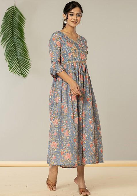 Blue Printed Poly Blend Anarkali Kurta