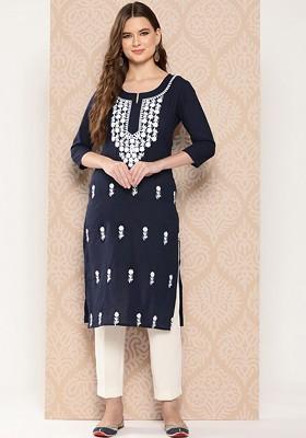 Blue Embroidered Cotton Kurta