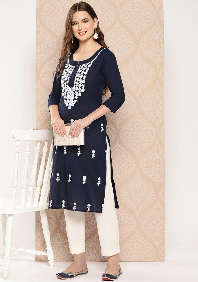Blue Embroidered Cotton Kurta