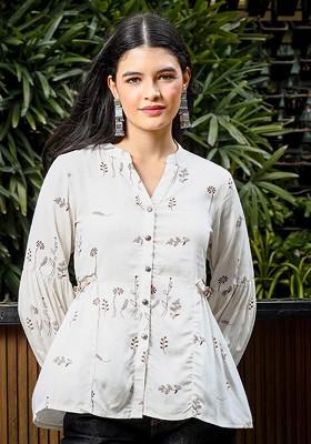 Brown Printed Linen Top