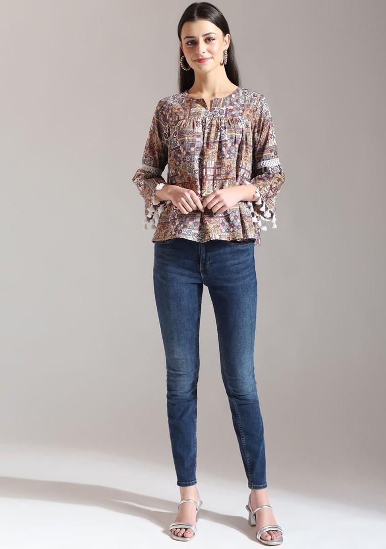 Beige Printed Cotton Top
