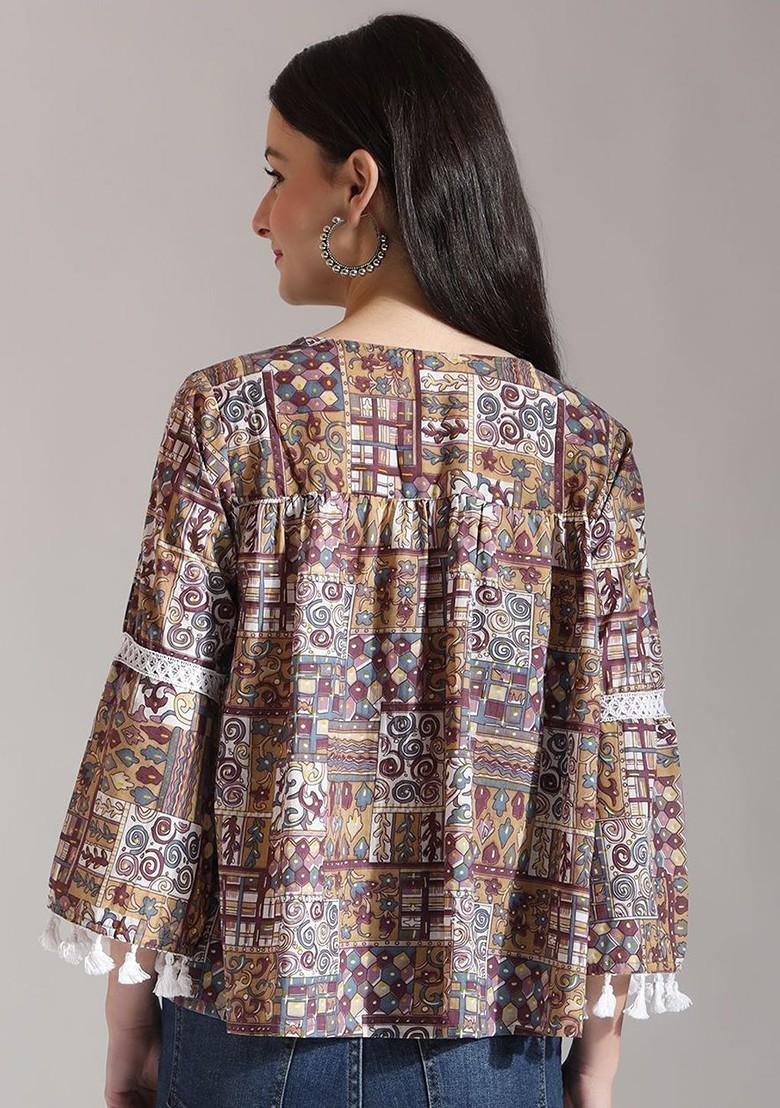 Beige Printed Cotton Top