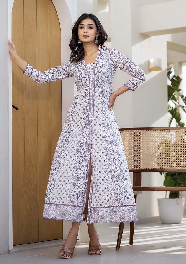 Purple Embroidered Cotton Anarkali Kurta