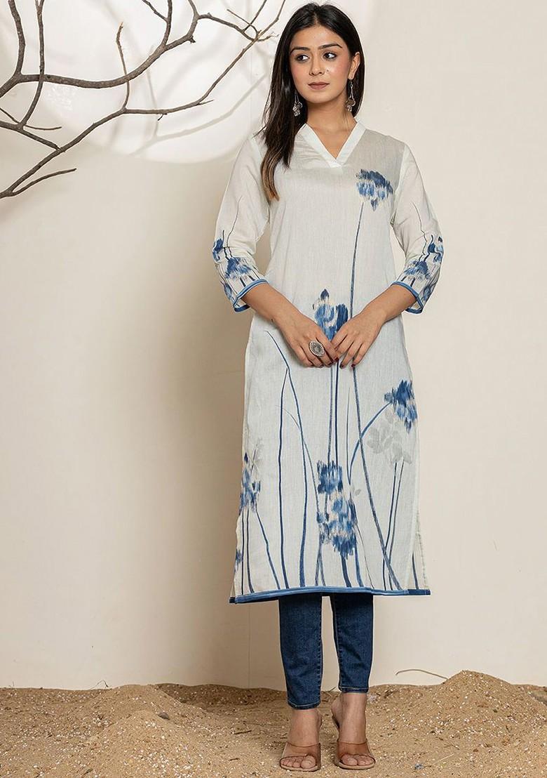 White Printed Poly Blend Kurta