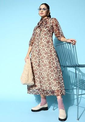 Beige Poly Blend Anarkali Kurta