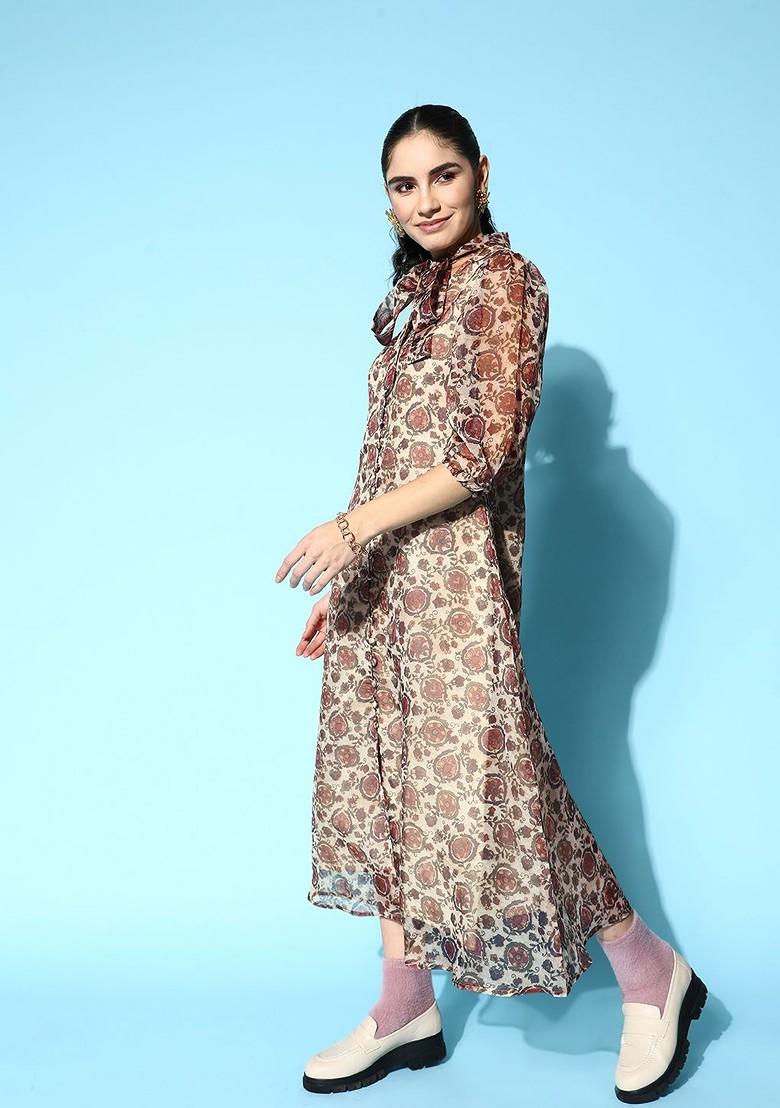 Beige Poly Blend Anarkali Kurta