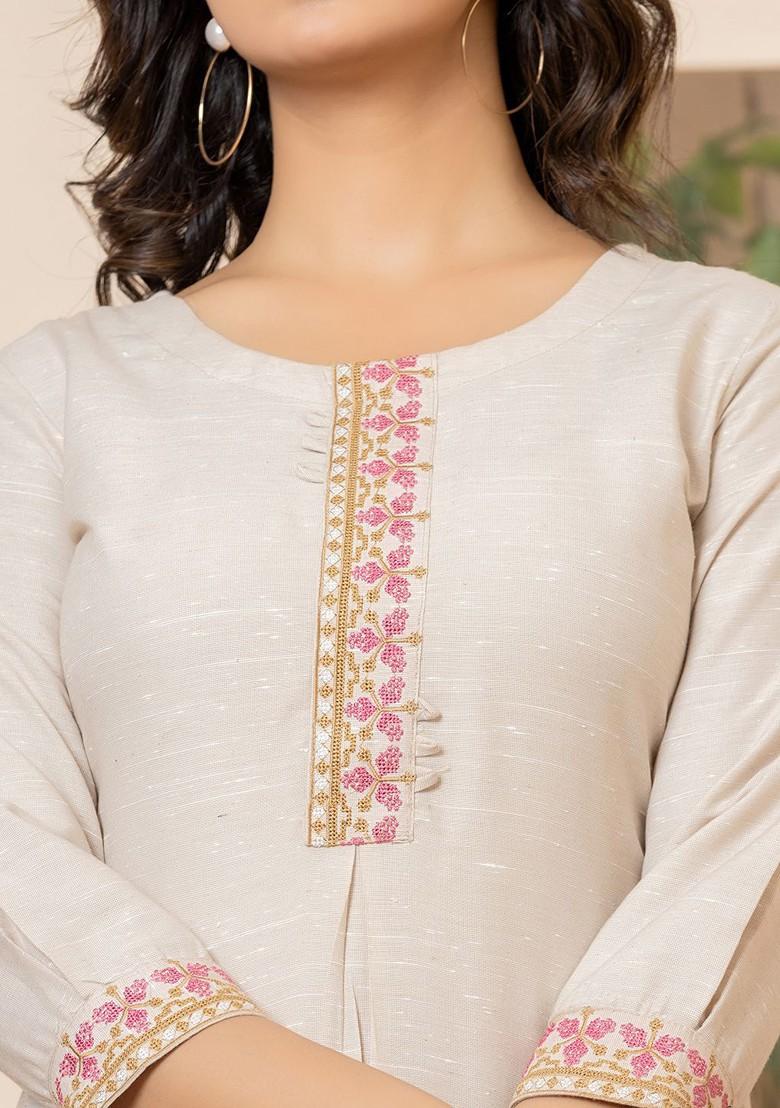 Beige Embroidered Linen Kurta