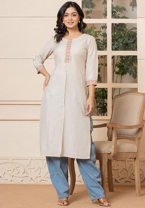 Beige Embroidered Linen Kurta