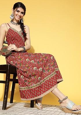 Red Poly Blend Anarkali Kurta