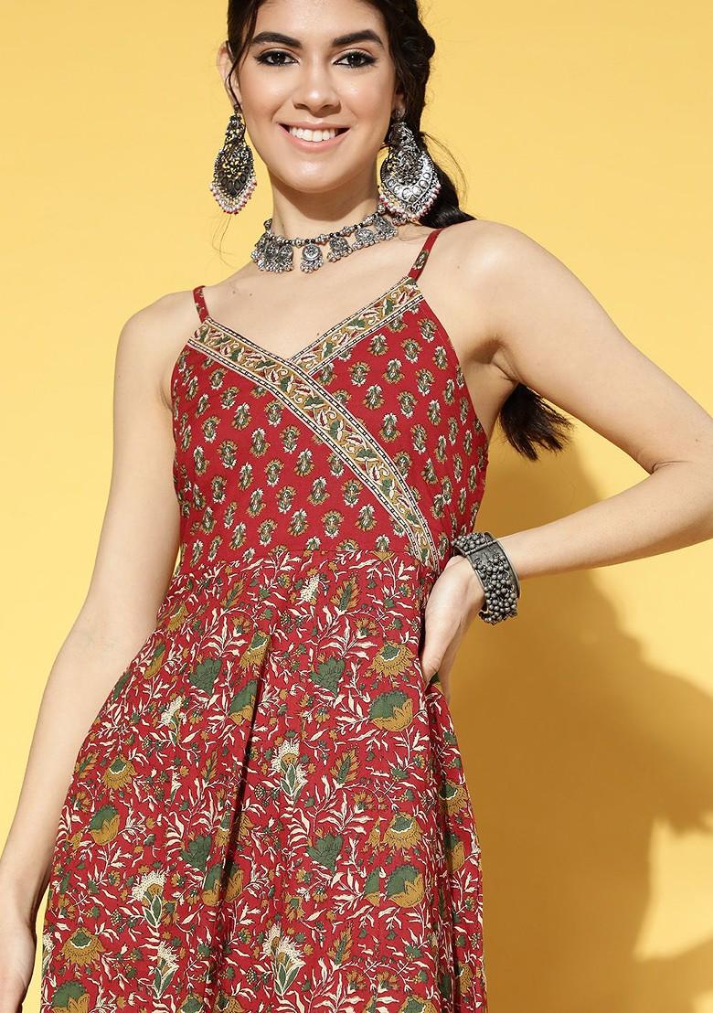 Red Poly Blend Anarkali Kurta