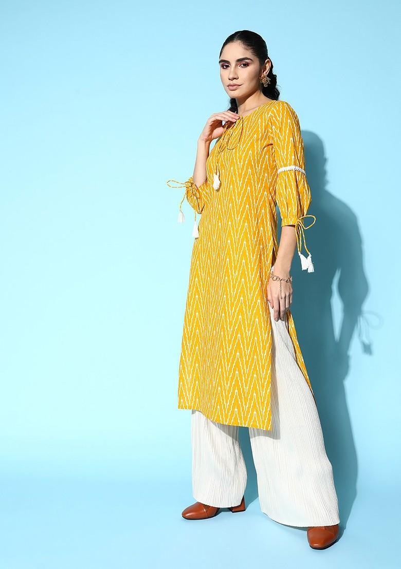 Yellow Printed Cotton Kurta