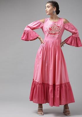 Pink Embroidered Poly Blend Anarkali Kurta