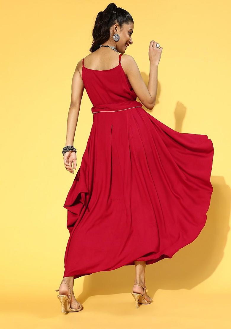 Red Poly Blend Anarkali Kurta