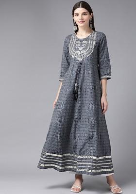 Grey Printed Poly Blend Kurta