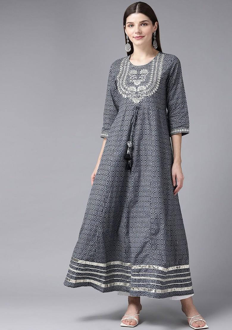 Grey Printed Poly Blend Kurta