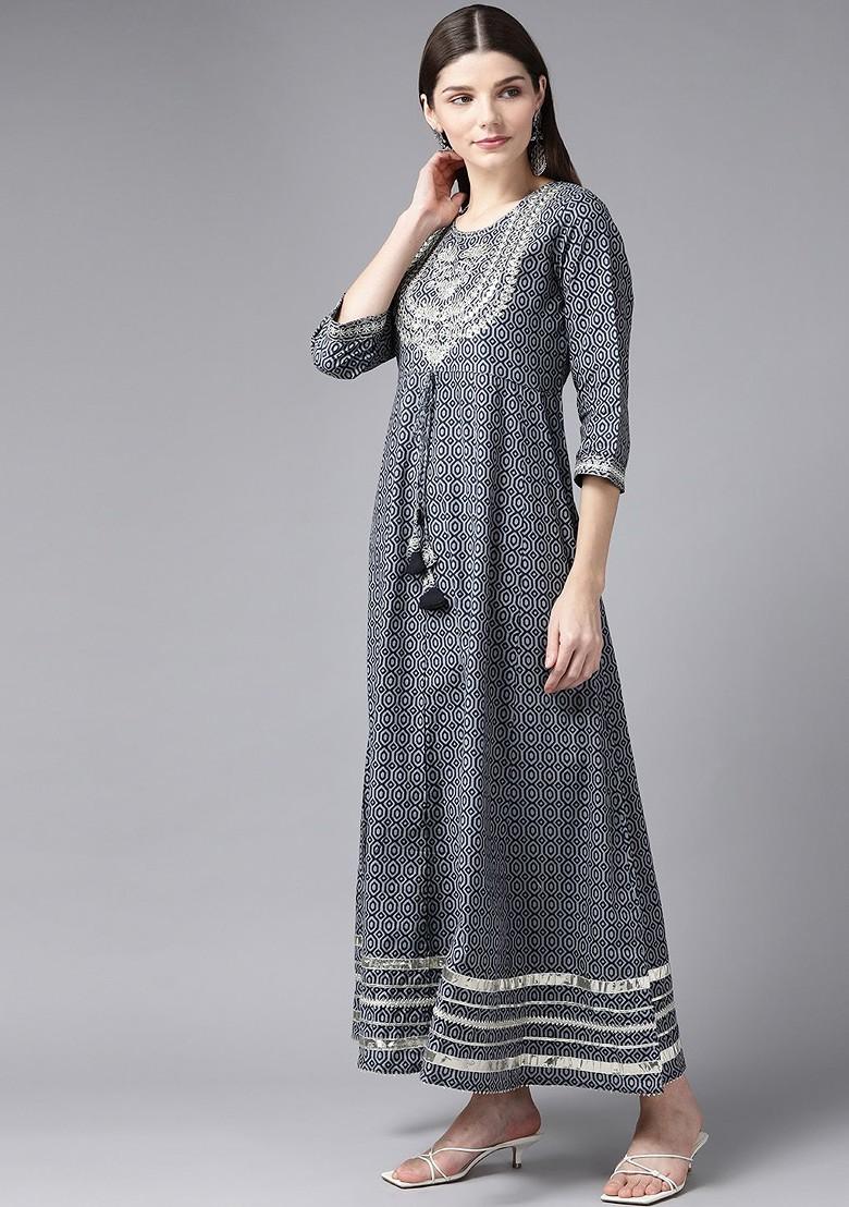 Grey Printed Poly Blend Kurta