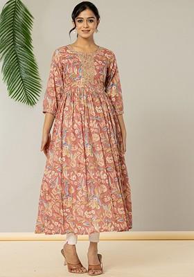 Pink Printed Poly Blend Anarkali Kurta