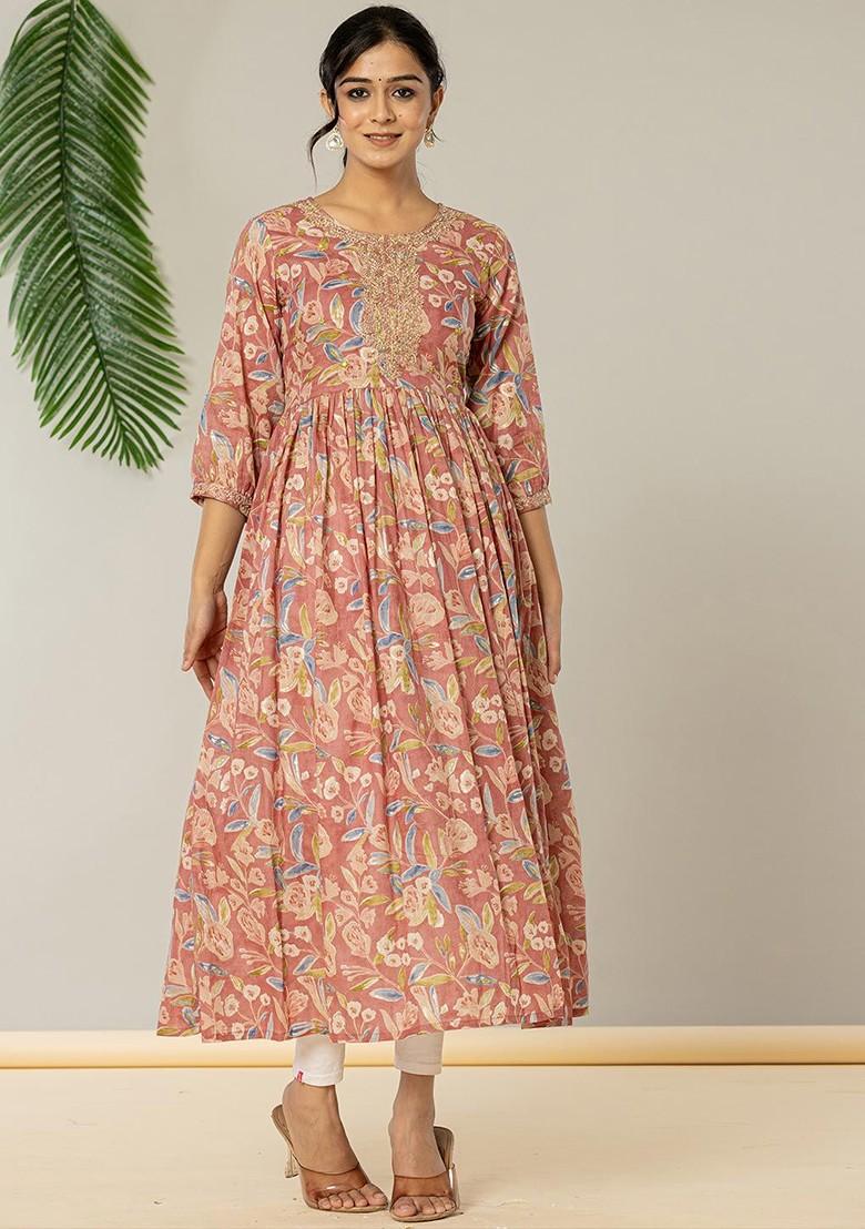 Pink Printed Poly Blend Anarkali Kurta
