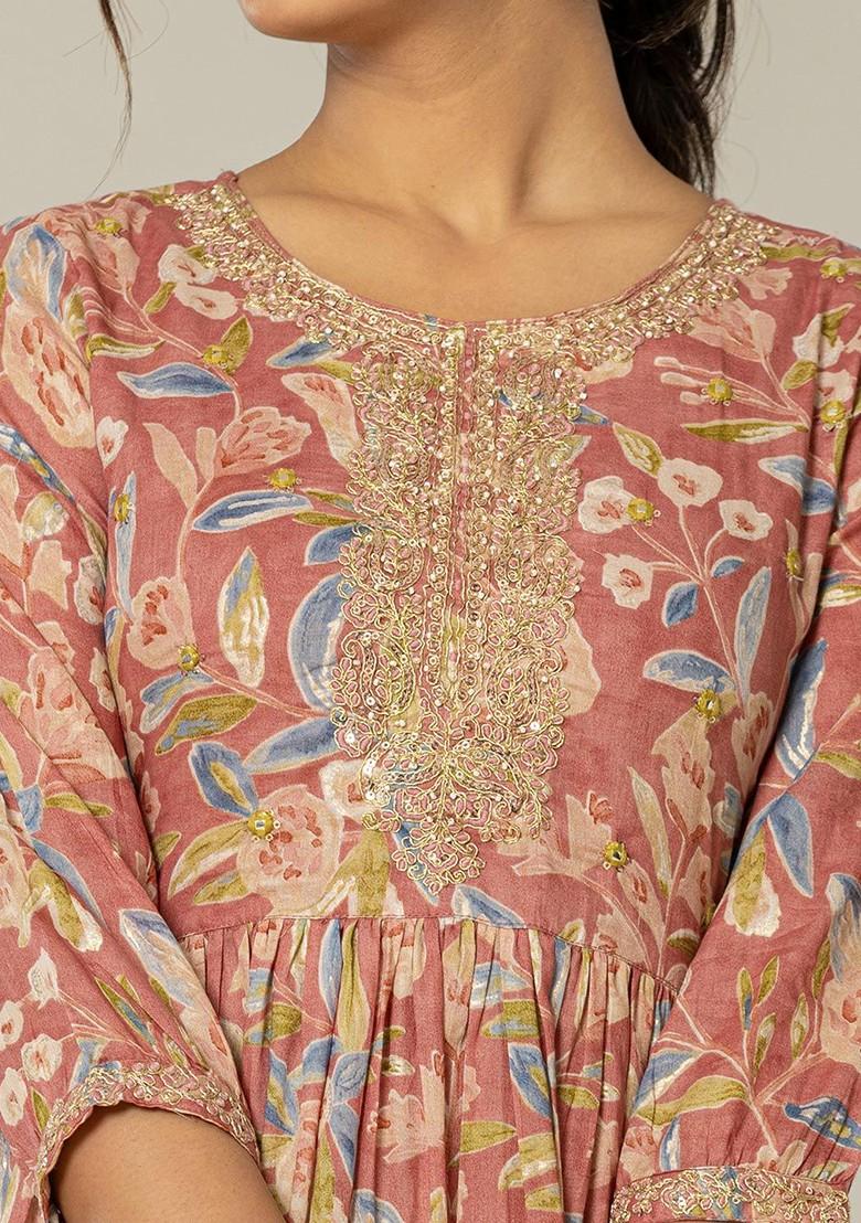 Pink Printed Poly Blend Anarkali Kurta